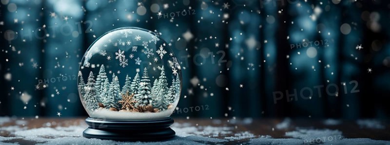 Christmas snow globe with pine trees and cabin on a wood surface banner. generative AI