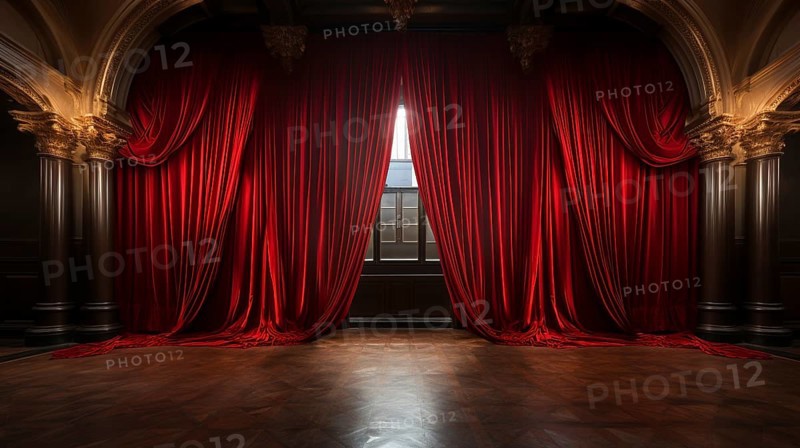Dramatically lit lustrous red velvet theatre curtains and wooden stage floor. generative AI