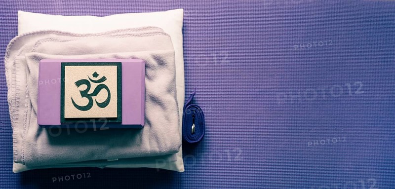 High angle view of yoga equipment. Yoga mat
