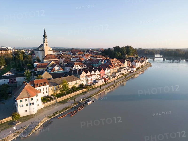 Riverbank promenade and town aerial view