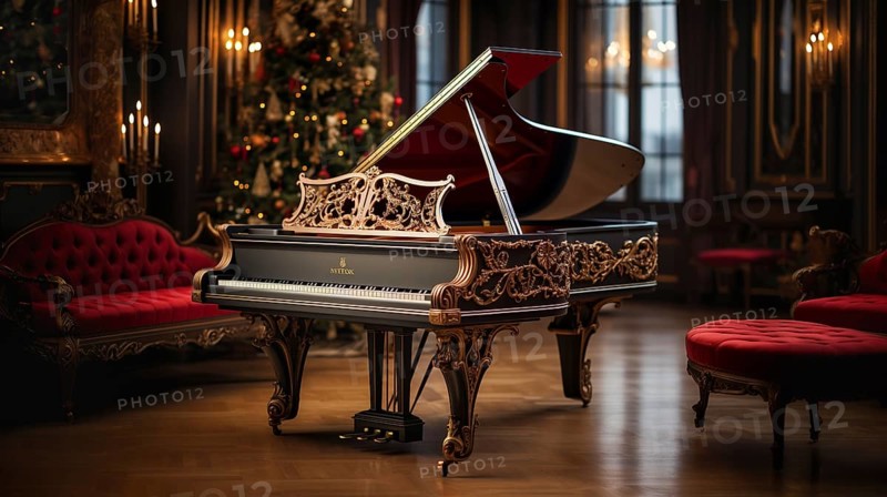 Classic ornate grand piano in A christmas decorated music room. generative AI