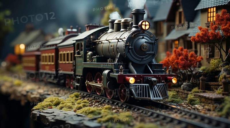 Miniature locamotive train set in A snowy christmas holiday setting. generative AI