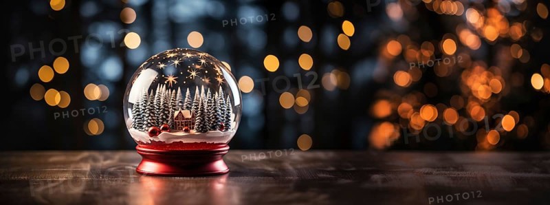 Christmas snow globe with pine trees and cabin on a wood surface banner. generative AI