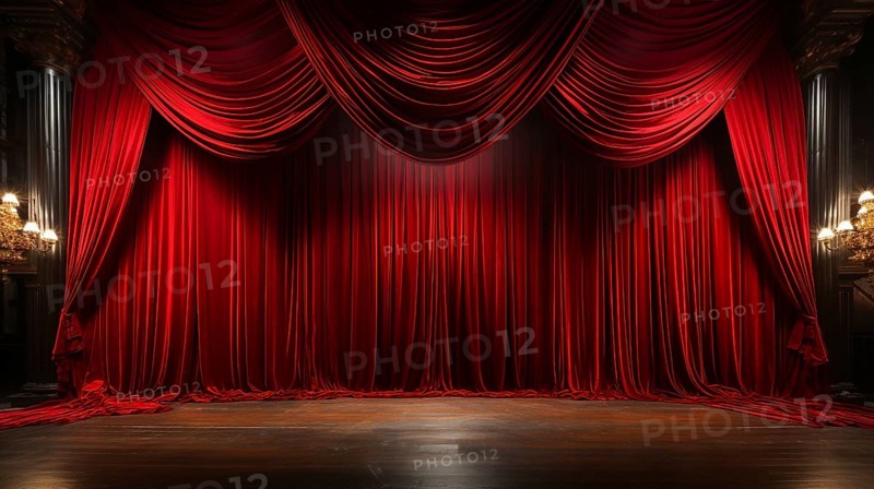 Dramatically lit lustrous red velvet theatre curtains and wooden stage floor. generative AI