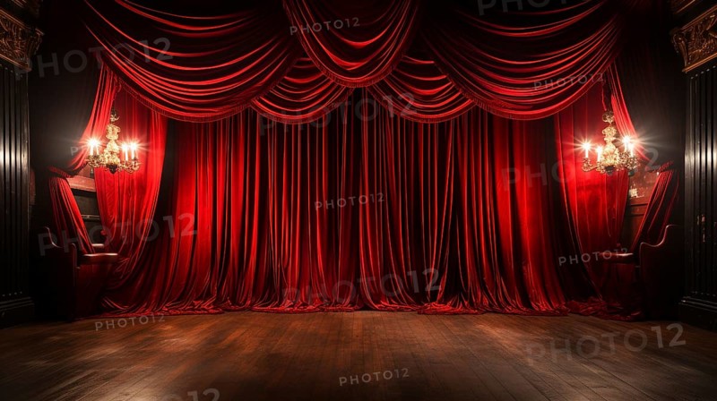 Dramatically lit lustrous red velvet theatre curtains and wooden stage floor. generative AI