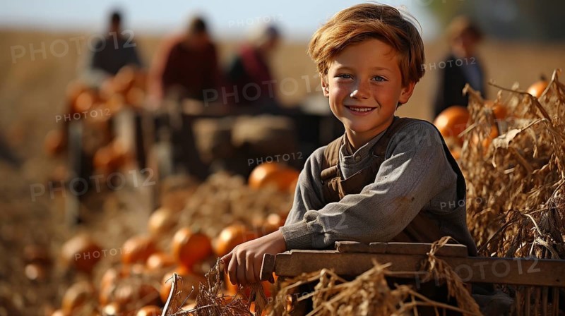 A teenage boy enjoying a fall gathering on the pumpkin farm with friends