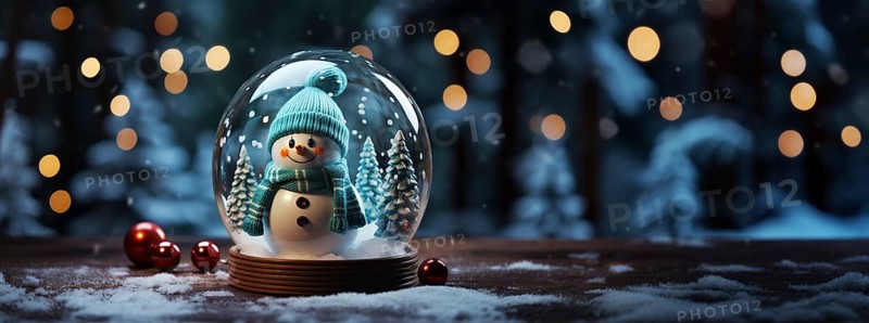 Christmas snow globe with snowman on a wood surface banner. generative AI