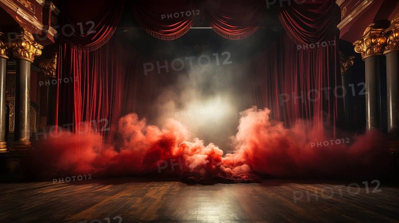 Theatre stage with red velvet curtains on fire. generative AI