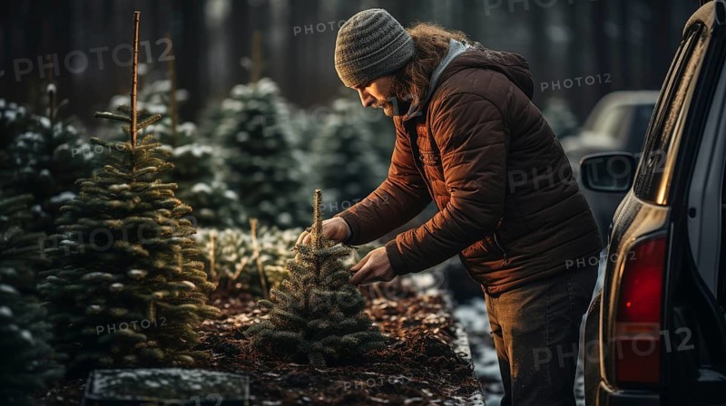 Young man working at the christmas tree farm planting new trees during the holiday season. generative AI