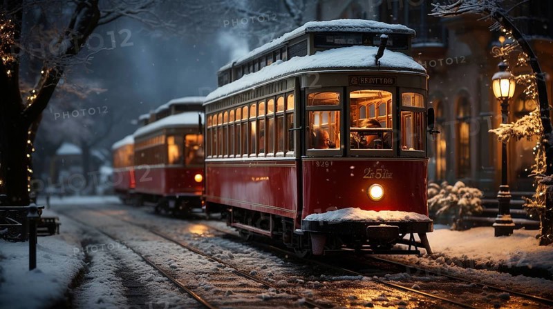 Festive christmas holiday decorated town trolley driving down the street. generative AI