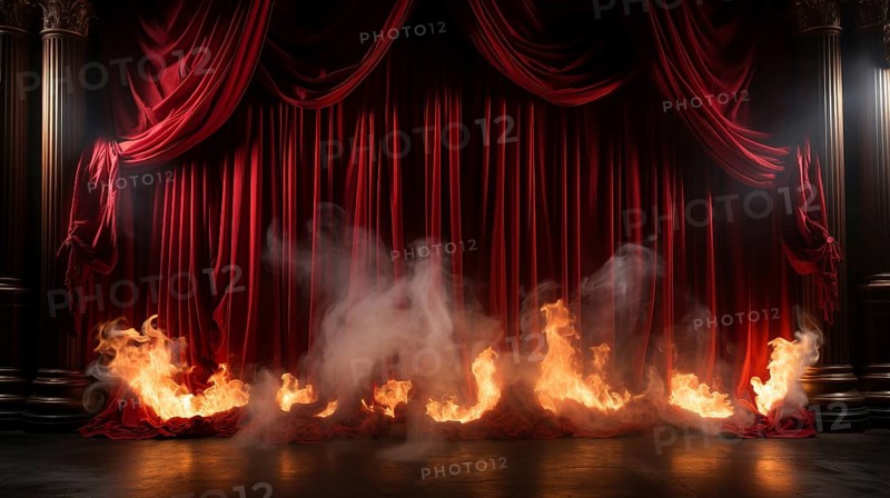Theatre stage with red velvet curtains on fire. generative AI