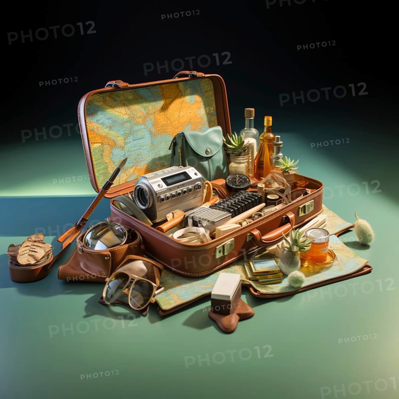 Travel preparation Packed old leather suitcase with photo