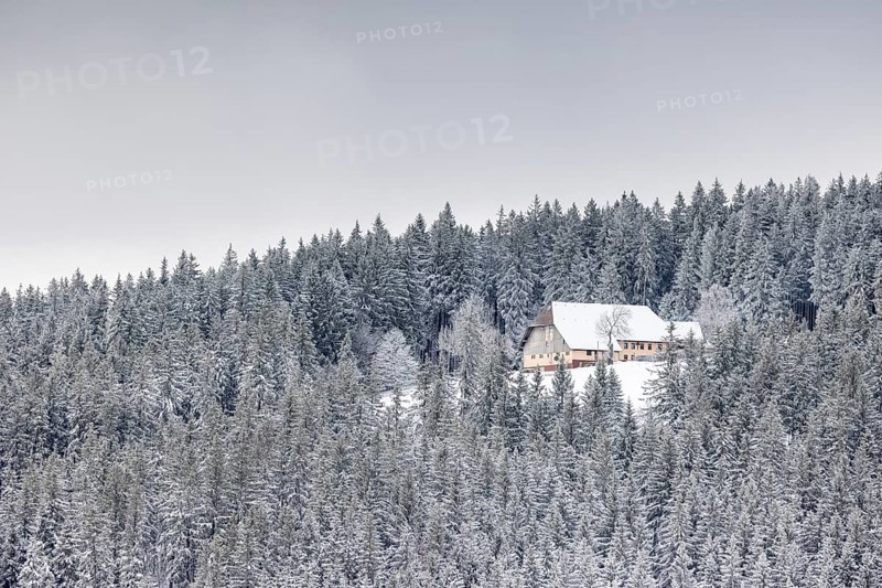Old farm snowed in