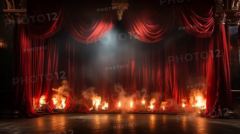 Theatre stage with red velvet curtains on fire. generative AI
