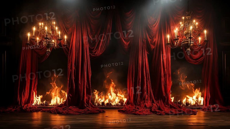 Theatre stage with red velvet curtains on fire. generative AI