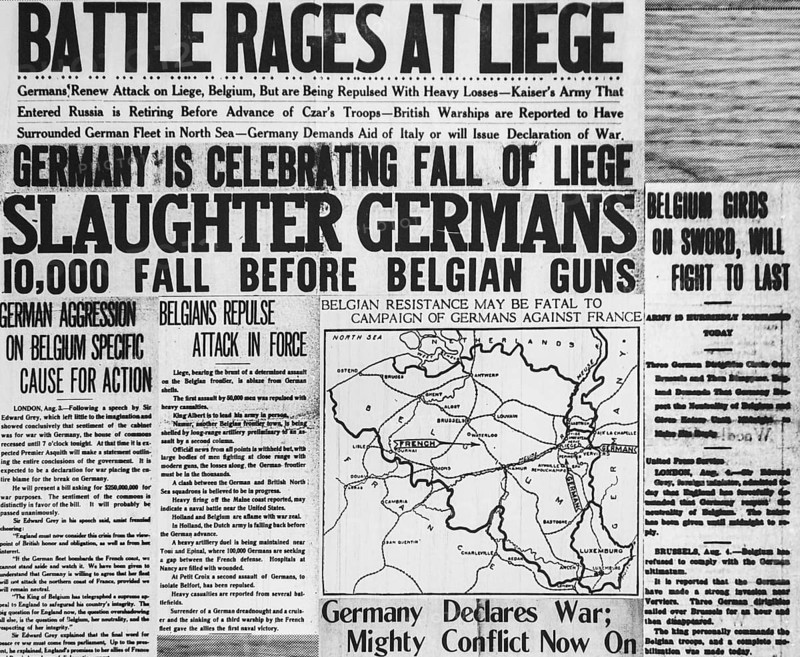 WWI newspaper article with propaganda in English paper reporting news about the First World War One front in Belgium