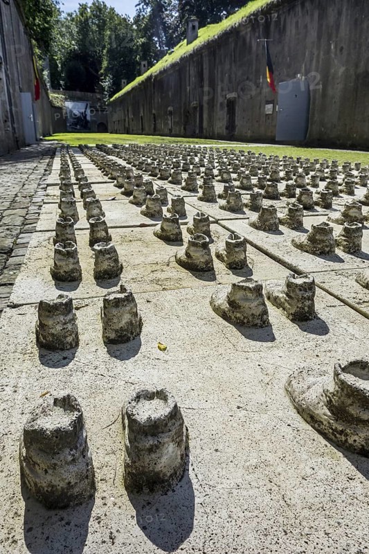 Pairs of boots remembering the soldiers who are still buried under the debris of the exploded Fort de Loncin
