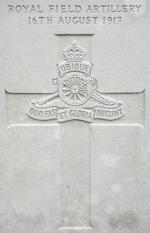 Royal Field Artillery regimental badge on headstone at Cemetery of the Commonwealth War Graves Commission for First World War One British soldiers