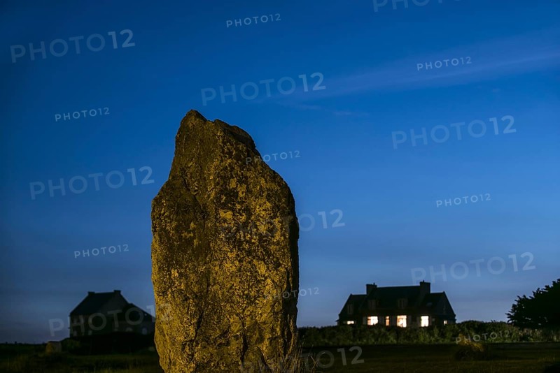 Megalithic standing stone at the Alignements de Lagatjar at night
