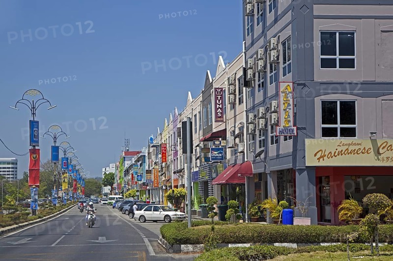 Street with hotels and guesthouses in Pekan Kuah