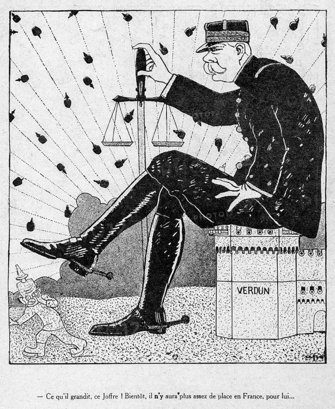 WW1 caricature by Spanish illustrator Feliu Elias i Bracons showing the French Marshal Joseph Joffre holding pair of scales on the Verdun battlefield