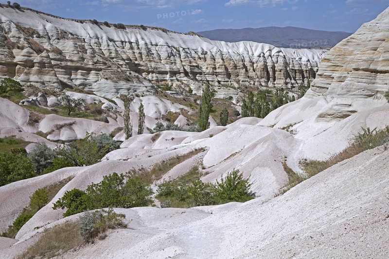 Eroded white and pink sandstone rock formations at Cappadocia in Central Anatolia