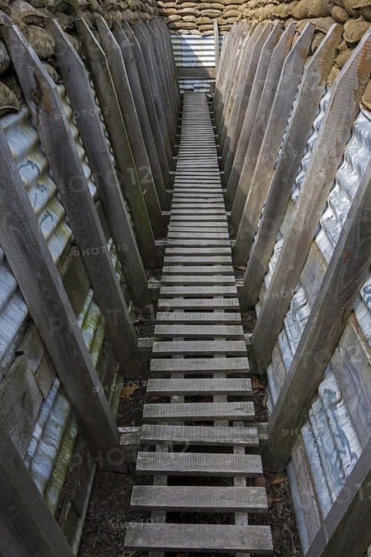 Reconstruction of British First World War One trench showing wooden duckboards on A frames