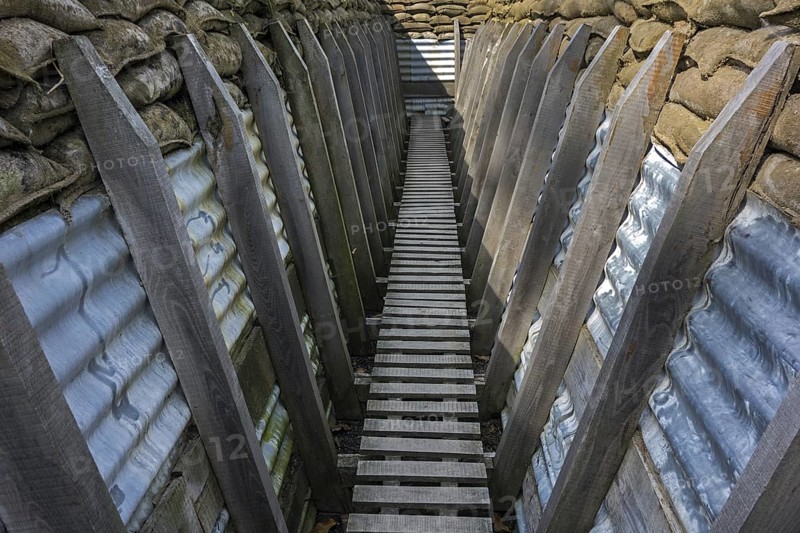 Reconstruction of British First World War One trench showing wooden duckboards on A frames