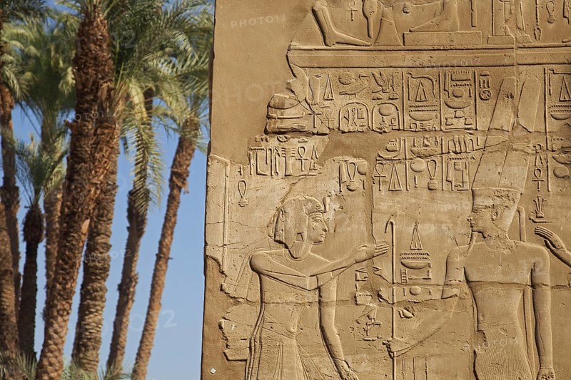 Frieze with Egyptian hieroglyphs on wall at the Karnak Temple Complex