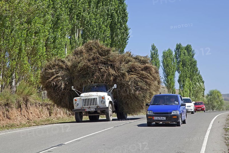 Truck with load of hay on the road from Osh to Sary-Tash in Kyrgyzstan