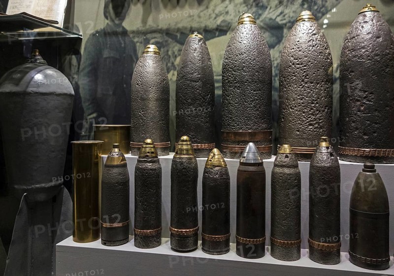 First World War One artillery ammunition in the Memorial Museum Passchendaele 1917 at Zonnebeke