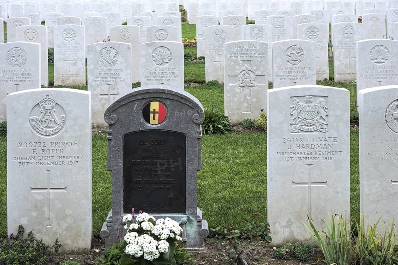 First World War One grave of Belgian soldier among British soldiers at the Etaples Military Cemetery