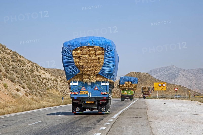 Convoy of heavily loaded trucks transporting bales of hay over highway in Iran