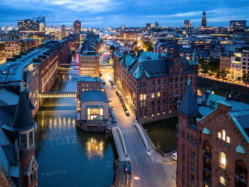 Aerial view of Speicherstadt Hamburg at Brooksfleet with Elbe Philharmonic Hall at blue hour