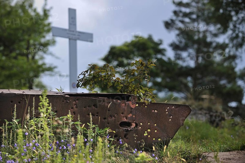 Bullet holes in iron turret from trench at the First World War battlefield Le Linge at Orbey