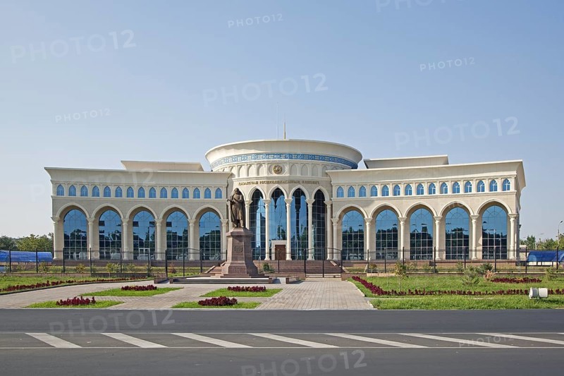 The Kazakhstan Embassy building and monument to the national poet Abay in Tashkent