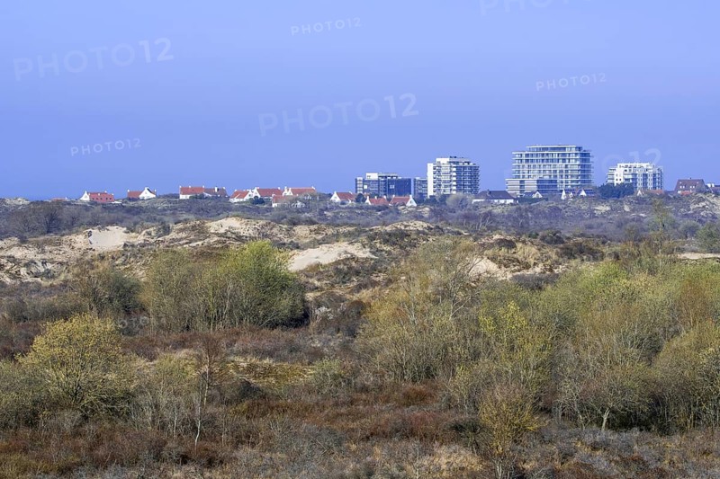 Flats and villas of seaside resort De Panne behind the sand dunes of nature reserve De Westhoek