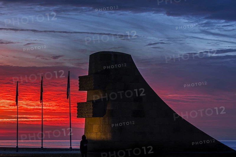 Second World War Two Omaha Beach monument at Saint-Laurent-sur-Mer at sunset