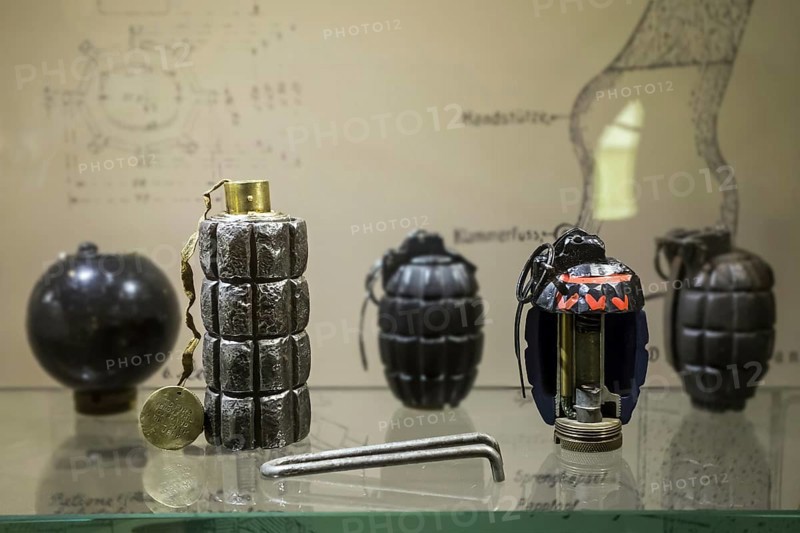 Collection of hand grenades of the First World War One in the Memorial Museum Passchendaele 1917 at Zonnebeke