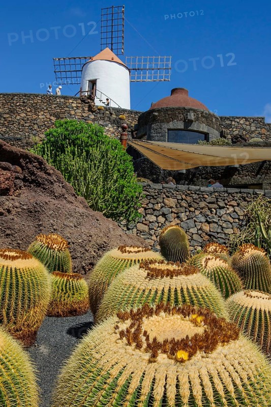 View of old windmill of Guatiza at the edge of former quarry today cactus garden Jardin de Cactus