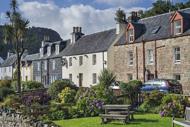 Houses and hotels of the village Plockton along Loch Carron in Wester Ross