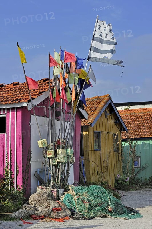 Colourful cabins of oyster farmers in the harbour at Le Chateau-d'Oleron on the island Ile d'Oleron