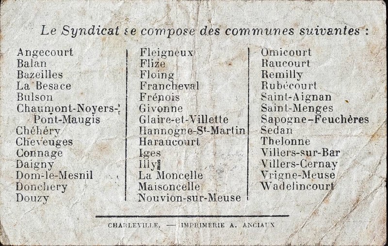 Back side of French banknote Bon de Un Franc from 1916 during the First World War One offered by the Syndicat Ardennais de Ravitaillement pour la Region de Sedan