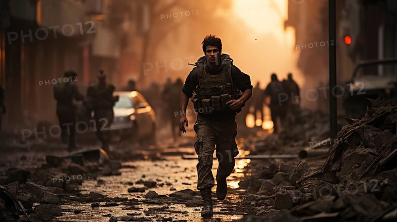 Soldiers scramble amidst explosions in a war torn middle eastern city. generative AI