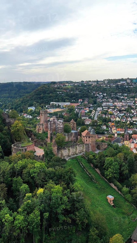Aerial view of Wertheim am Main with a view of the castle. Wertheim