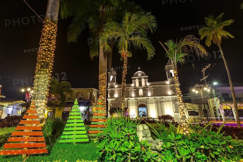 The beautiful church at night from Copan Ruinas from the square. Honduras