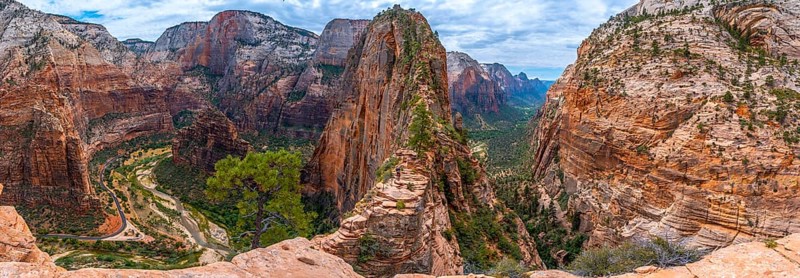 Panoramic of the Zion Canyon seen from the Angels Landing Trail high up in the mountain in Zion National Park