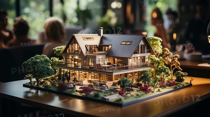 Small scale model of a contemporary house design on the table in A real estate office. generative AI