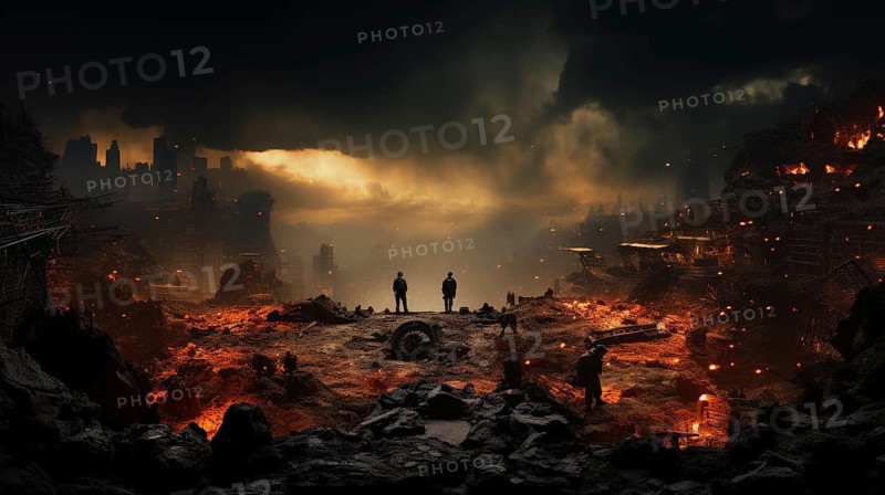 Soldiers surveying the landscape amidst explosions in a war torn city. generative AI