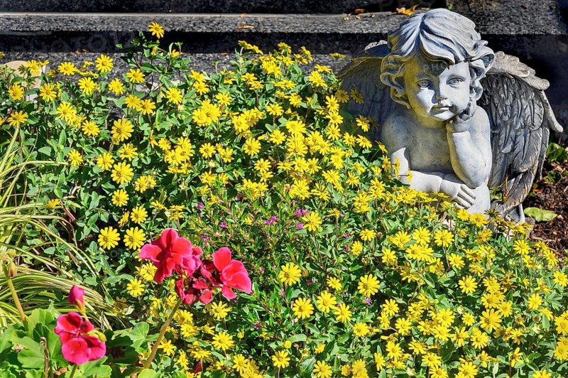 Grave with putto and floral decoration